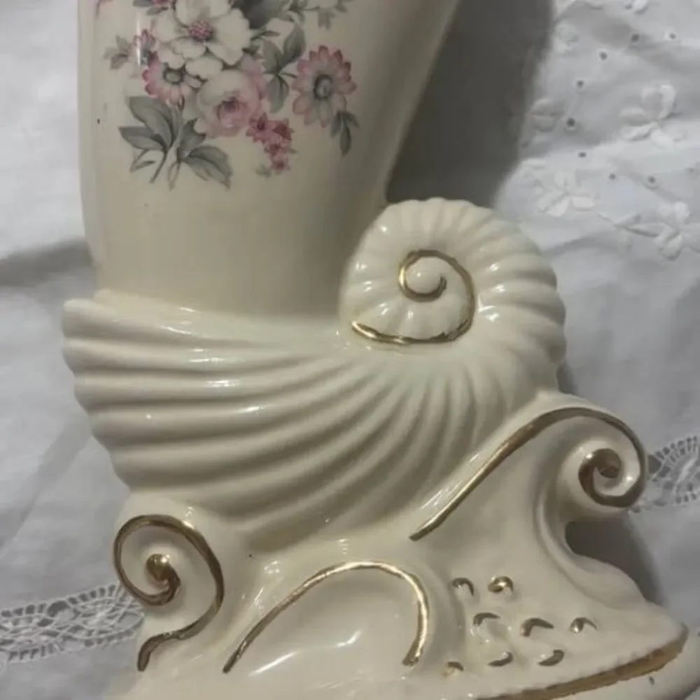 Vintage Cornucopia Vase USA Pottery 10.5” Floral Gold Trim Farmhouse Decor